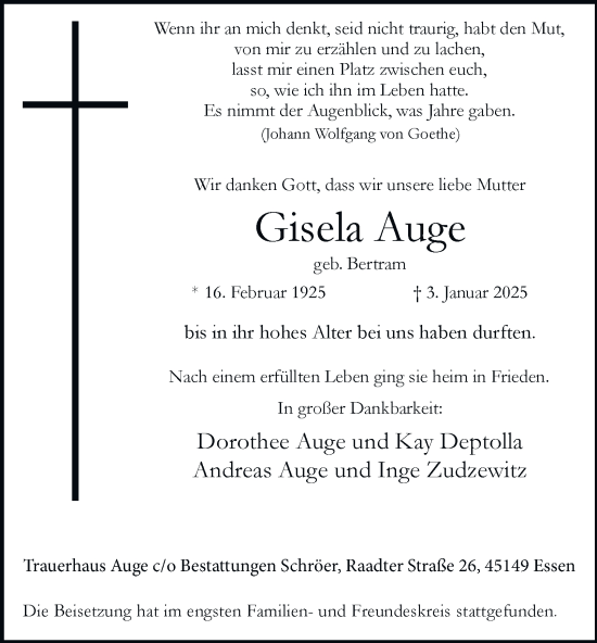 Traueranzeige von Gisela Auge von Tageszeitung