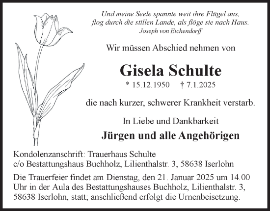 Traueranzeige von Gisela Schulte von Tageszeitung