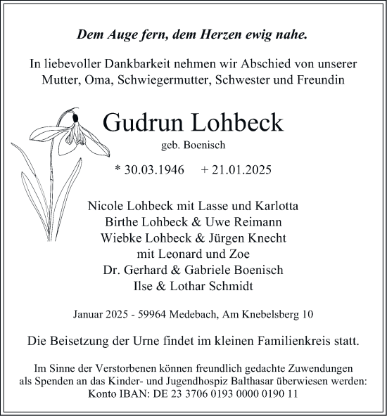Traueranzeige von Gudrun Lohbeck von Tageszeitung