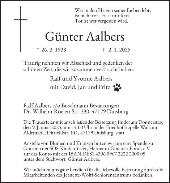 Traueranzeige von Günter Aalbers von Tageszeitung