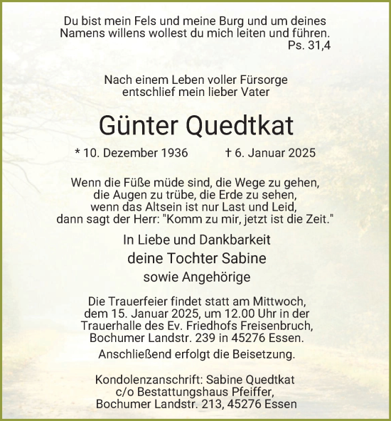 Traueranzeige von Günter Quedtkat von Tageszeitung