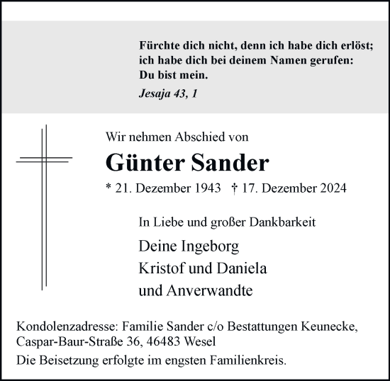Traueranzeige von Günter Sander von Tageszeitung