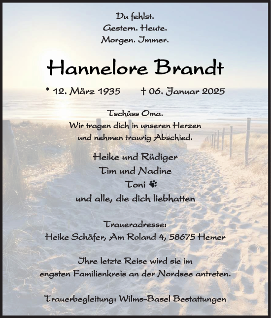 Traueranzeige von Hannelore Brandt von Tageszeitung
