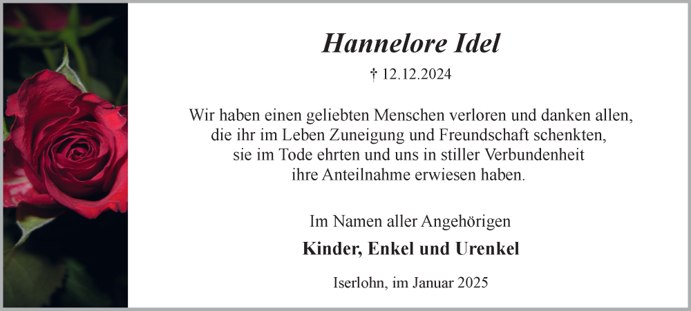  Traueranzeige für Hannelore Idel vom 11.01.2025 aus Tageszeitung