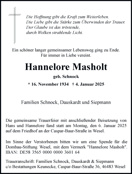 Traueranzeige von Hannelore Masholt von Tageszeitung