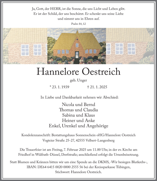 Traueranzeige von Hannelore Oestreich von Tageszeitung