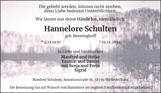 Traueranzeige von Hannelore Schulten von Tageszeitung