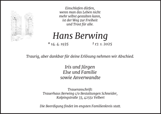 Traueranzeige von Hans Berwing von Tageszeitung