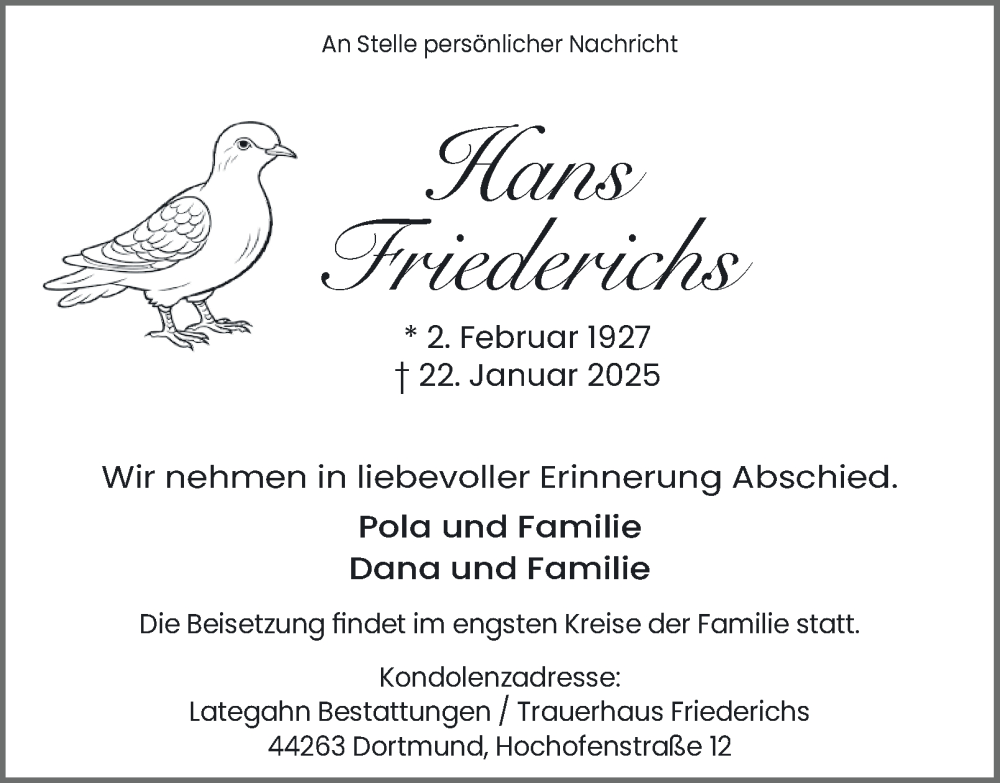  Traueranzeige für Hans Friederichs vom 01.02.2025 aus Tageszeitung