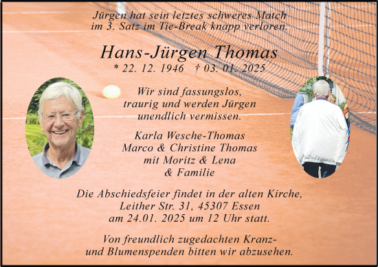 Traueranzeige von Hans-Jürgen Thomas von Tageszeitung