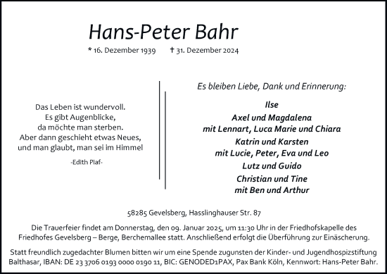 Traueranzeige von Hans-Peter Bahr von Tageszeitung