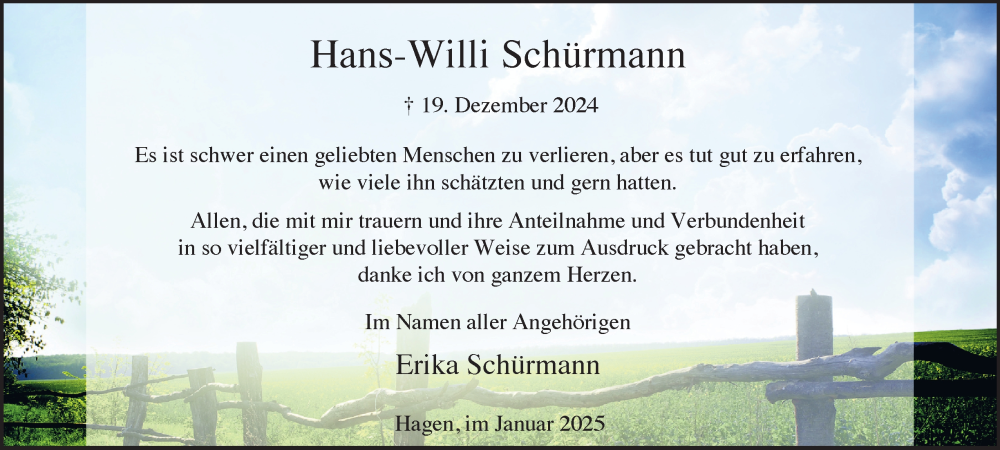  Traueranzeige für Hans-Willi Schürmann vom 25.01.2025 aus Tageszeitung