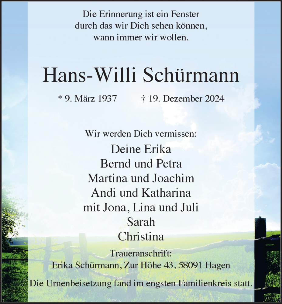  Traueranzeige für Hans-Willi Schürmann vom 11.01.2025 aus Tageszeitung