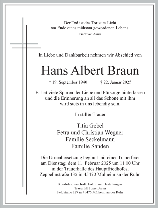 Traueranzeige von Hans Albert Braun von Tageszeitung