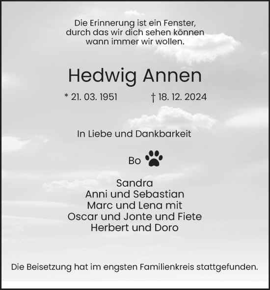 Traueranzeige von Hedwig Annen von Tageszeitung