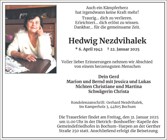 Traueranzeige von Hedwig Nezdvihalek von Tageszeitung