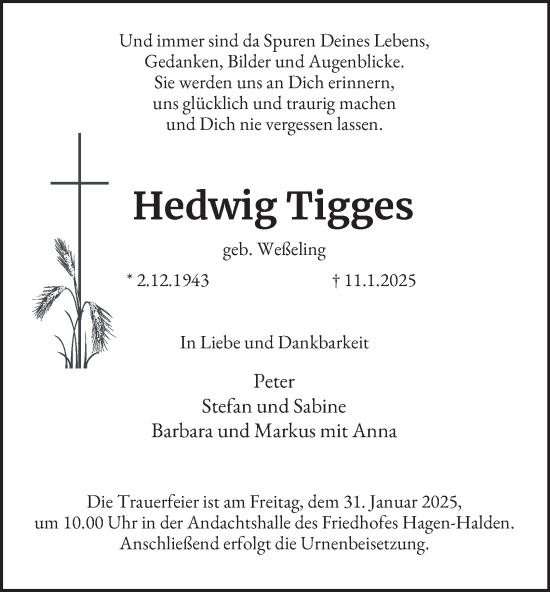 Traueranzeige von Hedwig Tigges von Tageszeitung