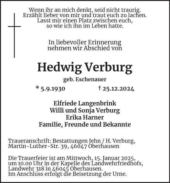 Traueranzeige von Hedwig Verburg von Tageszeitung