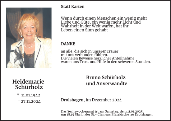 Traueranzeige von Heidemarie Schürholz von Tageszeitung