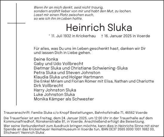 Traueranzeige von Heinrich Sluka von Tageszeitung