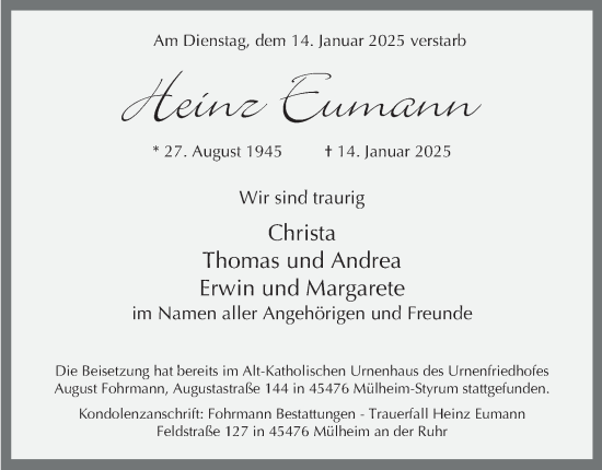 Traueranzeige von Heinz Eumann von Tageszeitung