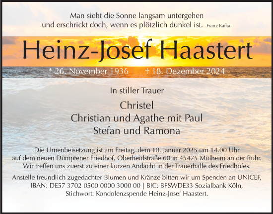 Traueranzeige von Heinz-Josef Haastert von Tageszeitung
