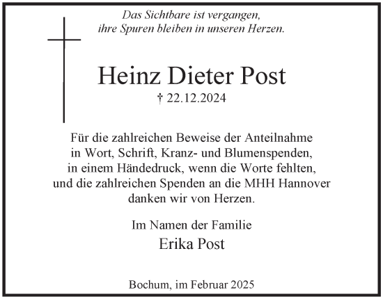 Traueranzeige von Heinz Dieter Post von Tageszeitung