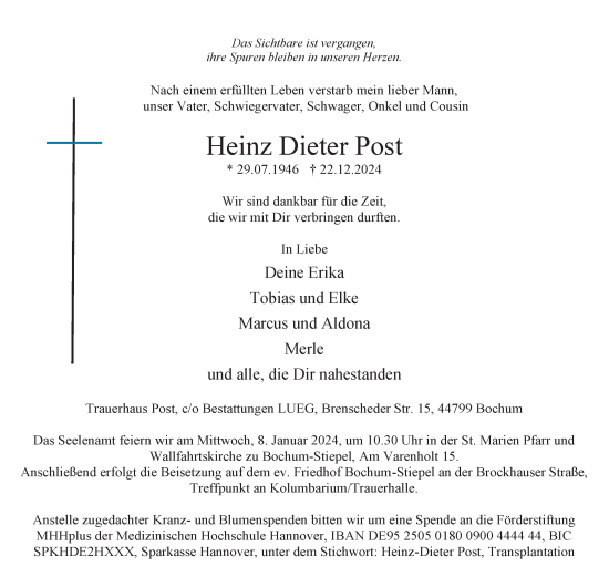 Traueranzeige von Heinz Dieter Post von Tageszeitung