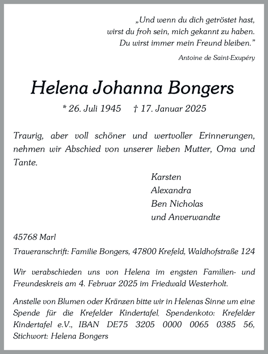 Traueranzeige von Helena Johanna Bongers von Tageszeitung