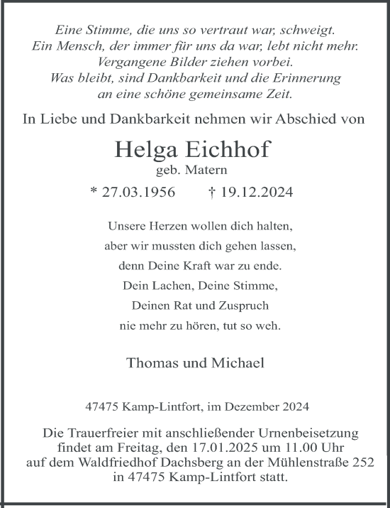 Traueranzeige von Helga Eichhof von Tageszeitung