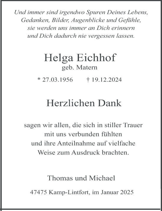 Traueranzeige von Helga Eichhof von Tageszeitung