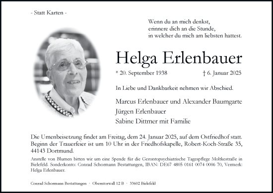 Traueranzeige von Helga Erlenbauer von Tageszeitung