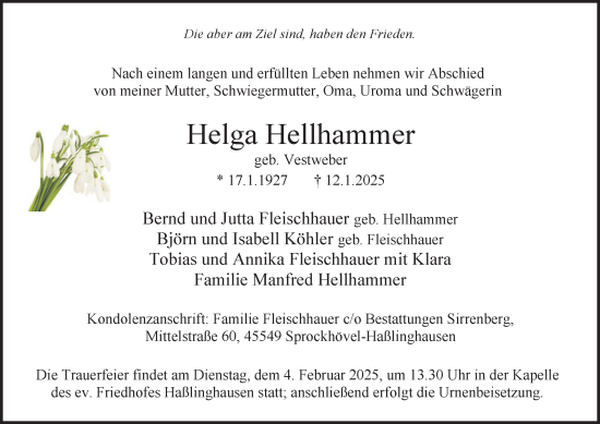 Traueranzeige von Helga Hellhammer von Tageszeitung