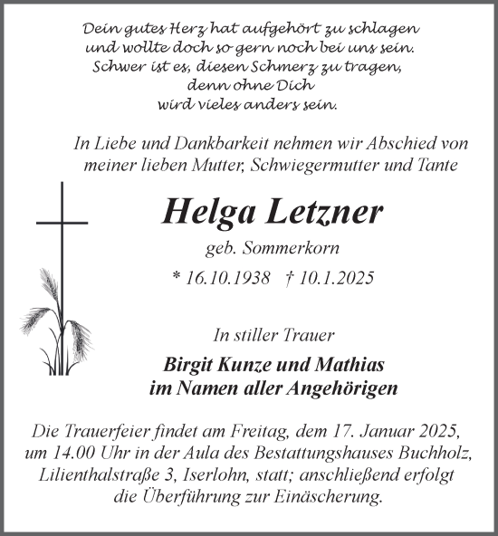 Traueranzeige von Helga Letzner von Tageszeitung