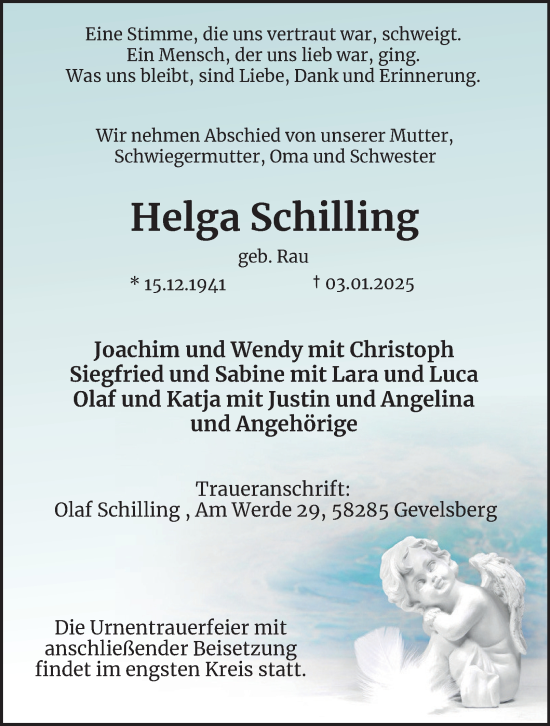 Traueranzeige von Helga Schilling von Tageszeitung