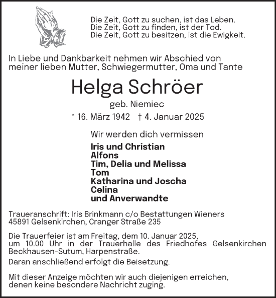 Traueranzeige von Helga Schröer von Tageszeitung