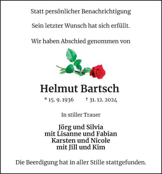Traueranzeige von Helmut Bartsch von Tageszeitung