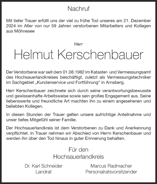 Traueranzeige von Helmut Kerschenbauer von Tageszeitung