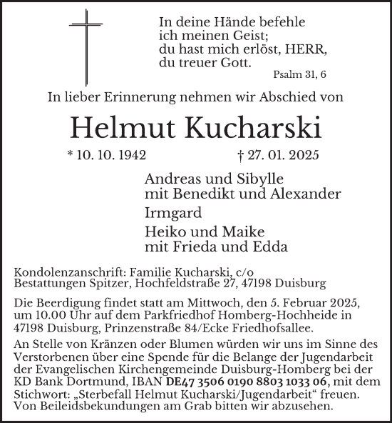 Traueranzeige von Helmut Kucharski von Tageszeitung