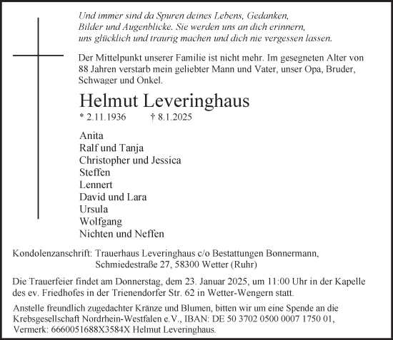 Traueranzeige von Helmut Leveringhaus von Tageszeitung