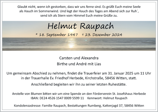 Traueranzeige von Helmut Raupach von Tageszeitung