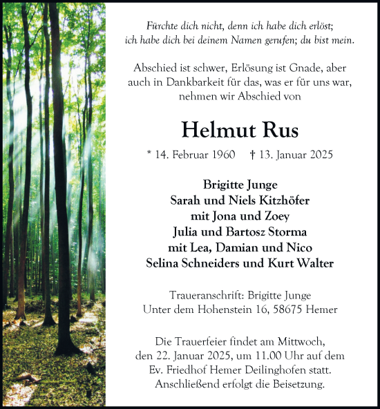 Traueranzeige von Helmut Rus von Tageszeitung