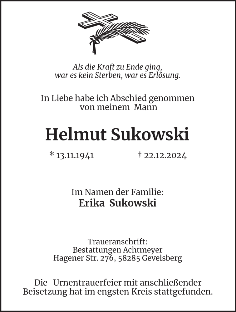  Traueranzeige für Helmut Sukowski vom 18.01.2025 aus Tageszeitung