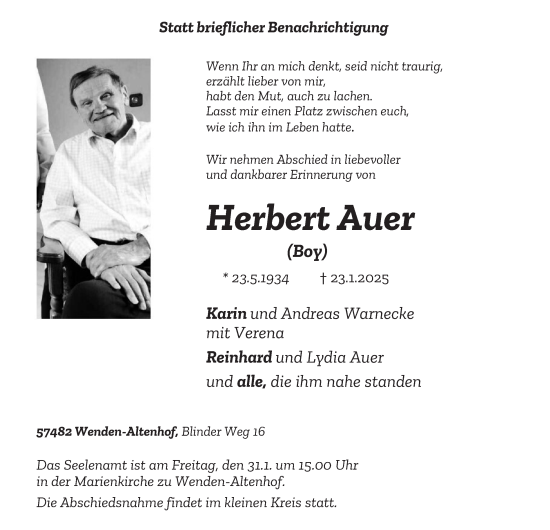 Traueranzeige von Herbert Auer von Tageszeitung