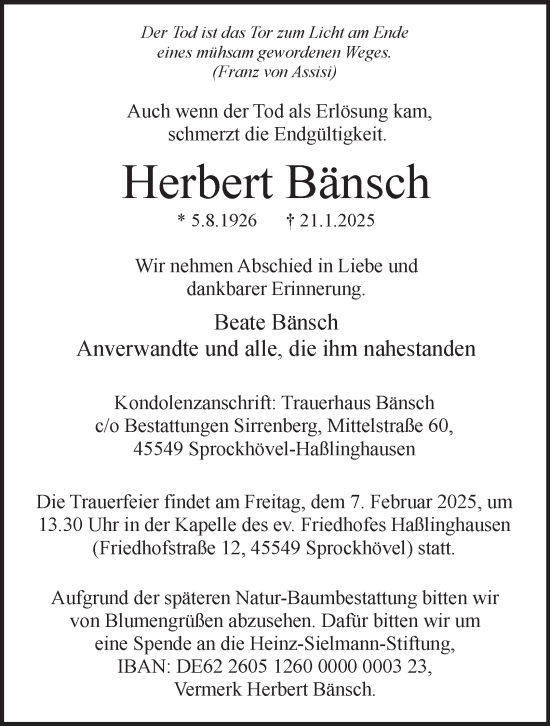 Traueranzeige von Herbert Bänsch von Tageszeitung