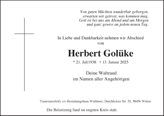 Traueranzeige von Herbert Golüke von Tageszeitung