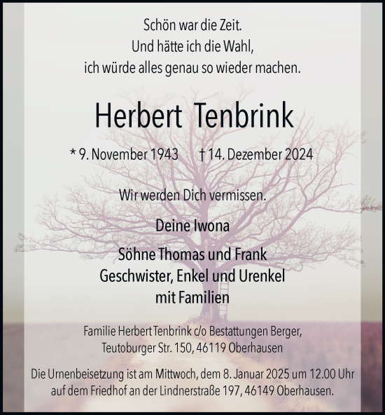 Traueranzeige von Herbert Tenbrink von Tageszeitung