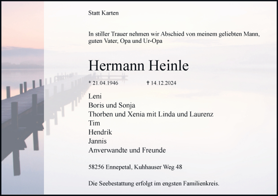 Traueranzeige von Hermann Heinle von Tageszeitung