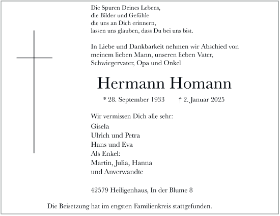 Traueranzeige von Hermann Homann von Tageszeitung