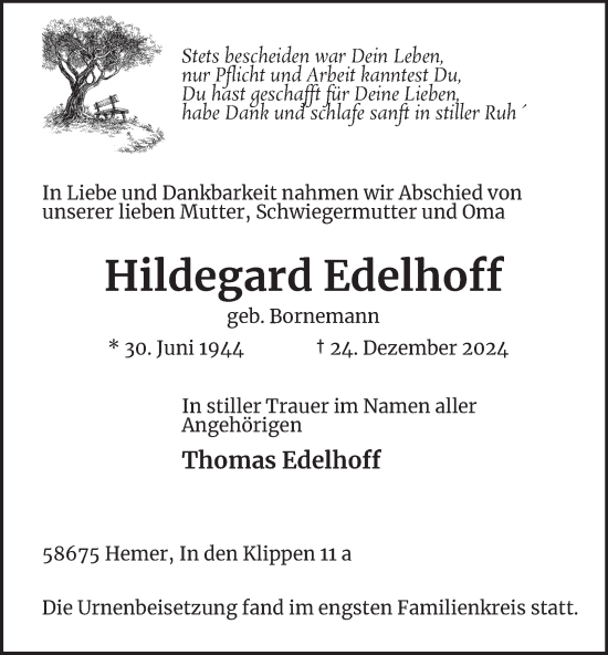 Traueranzeige von Hildegard Edelhoff von Tageszeitung